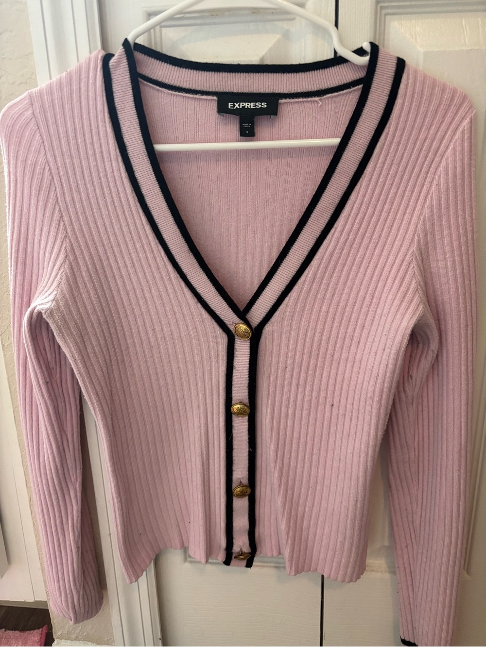Express Light Pink Ribbed sweater with Black Trim and Gold Buttons